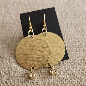 Gold Textured Disc Drop Earrings with Crystal Accent